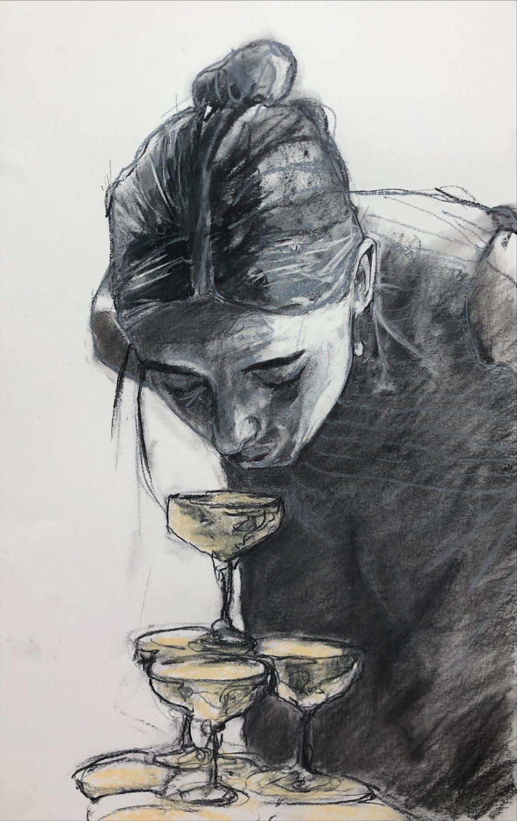 Charcoal drawing of a woman leaning over a champagne tower